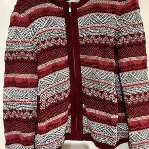 LOFT Burgundy and White Striped Cardigan